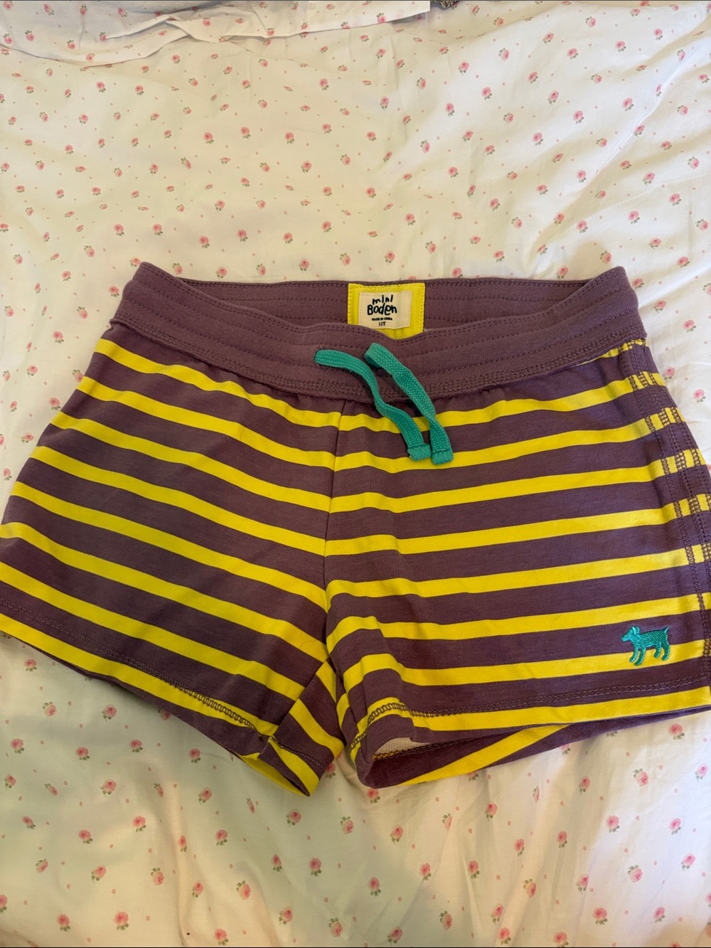 Mini Boden Purple and Yellow Striped Girls' Shorts with Teal Drawstring
